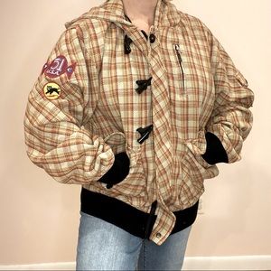 Vintage Patchwork Bomber Jacket Plaid Zip Light Academia Style Size XL